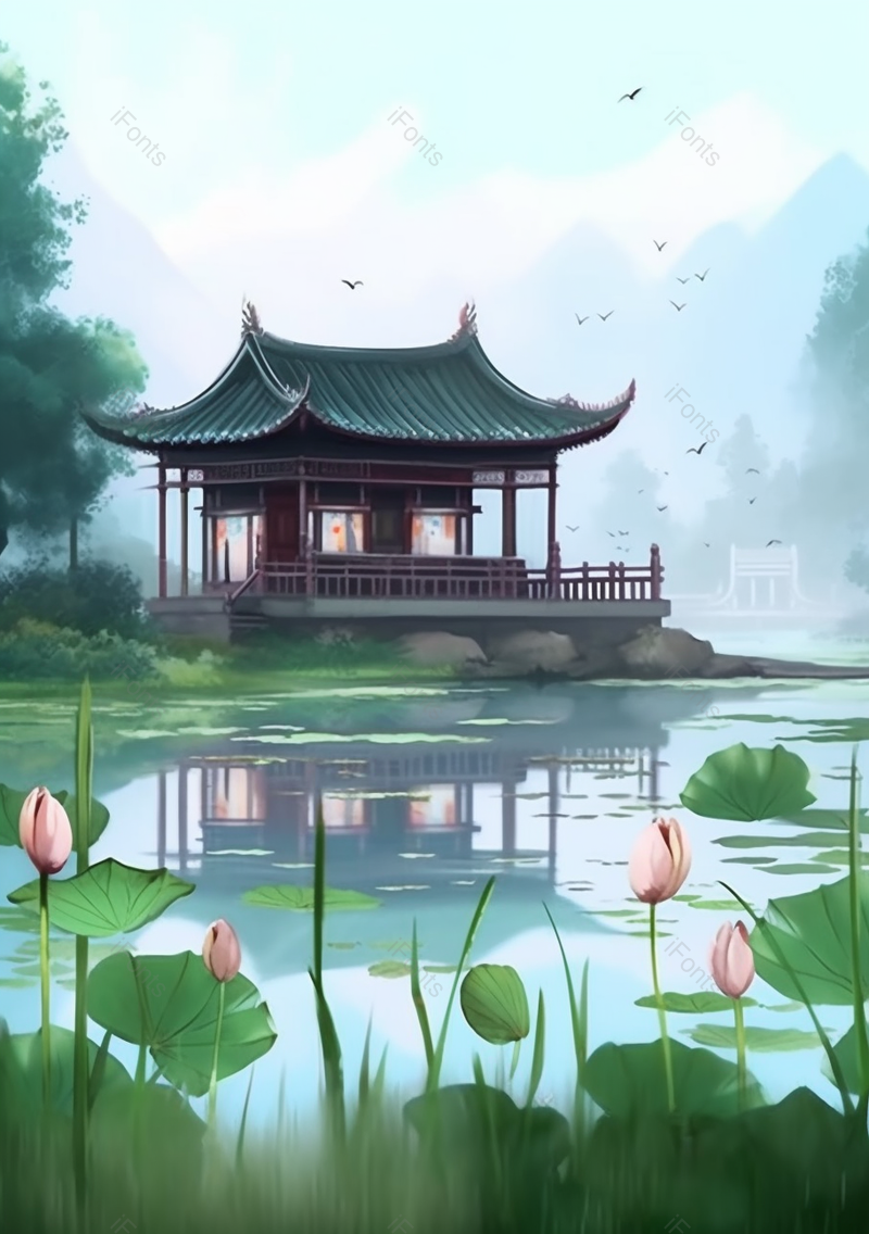绿色清新荷花山水插画背景,插画/手绘图,插画/手绘图库,插画/手绘图下载,插画/手绘